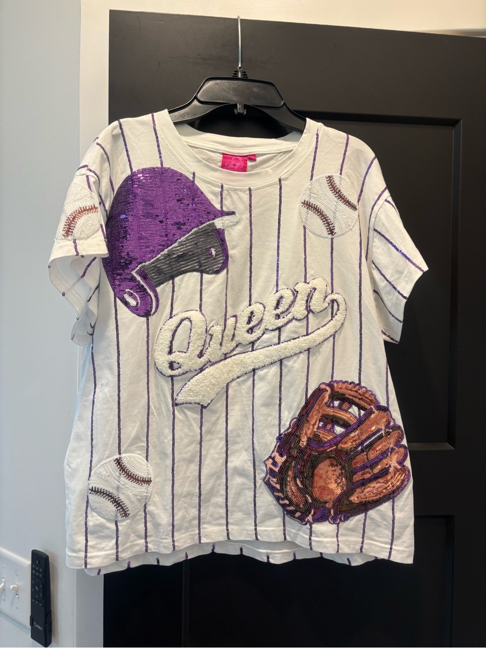 Queen of Sparkles Batter Up Tee XS Baseball Shirt Short Sleeve Top White
